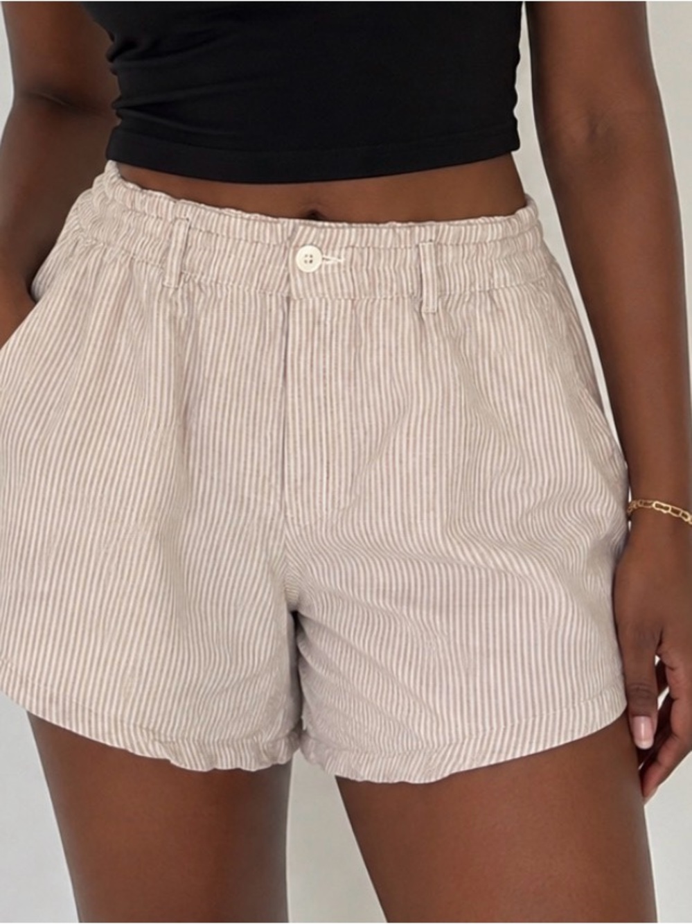 Hollister Beige Pinstripe Elastic Waist Ultra High Rise Soft Shorts